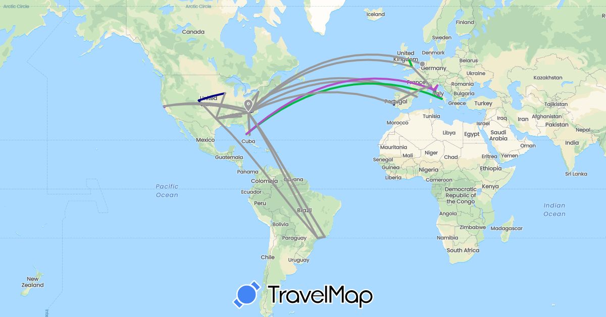 TravelMap itinerary: driving, bus, plane, train, boat in Brazil, Spain, United Kingdom, Italy, Netherlands, Portugal, United States (Europe, North America, South America)